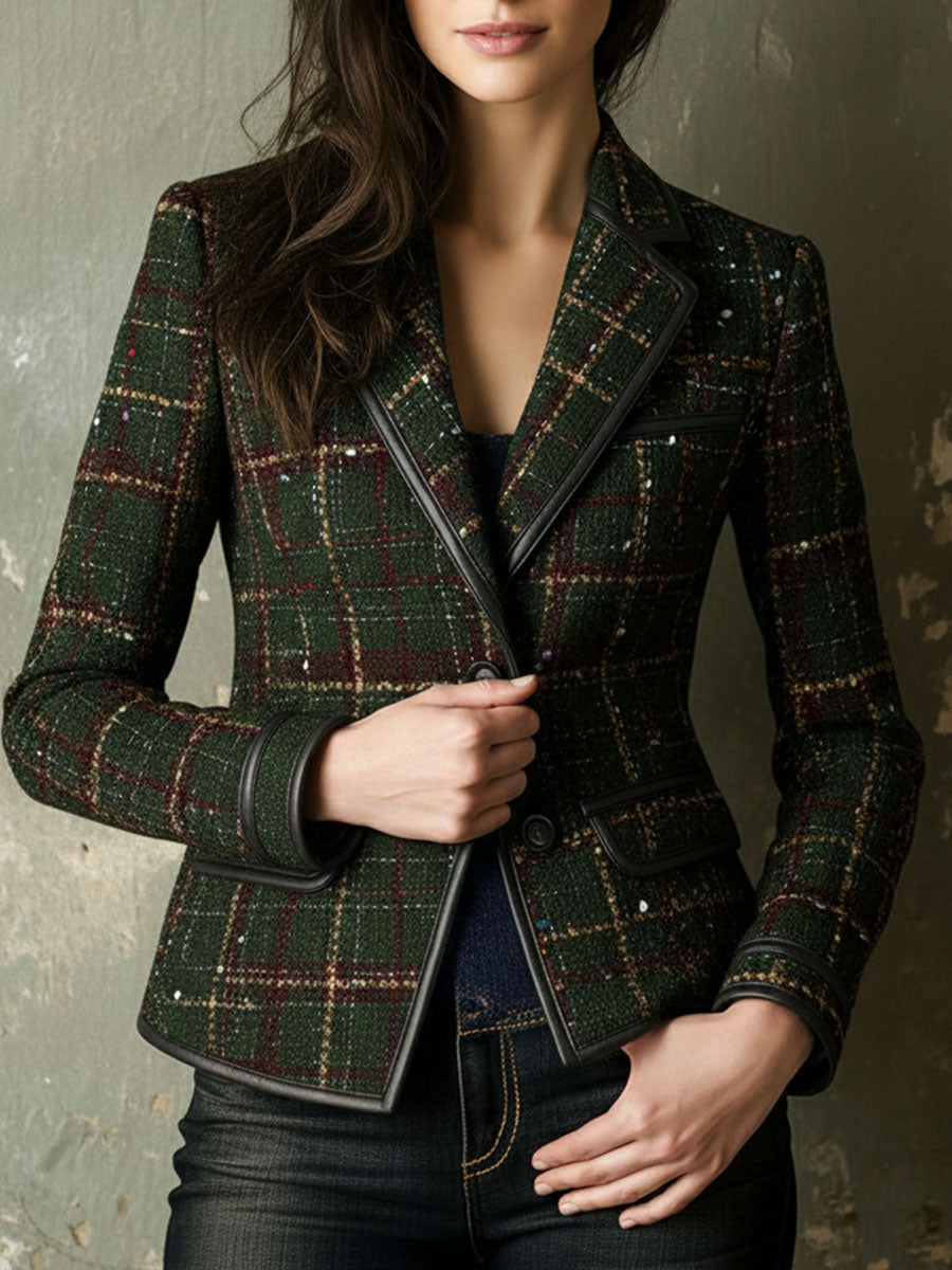 Classic British Plaid Tweed Blazer With Eco Leather Trim