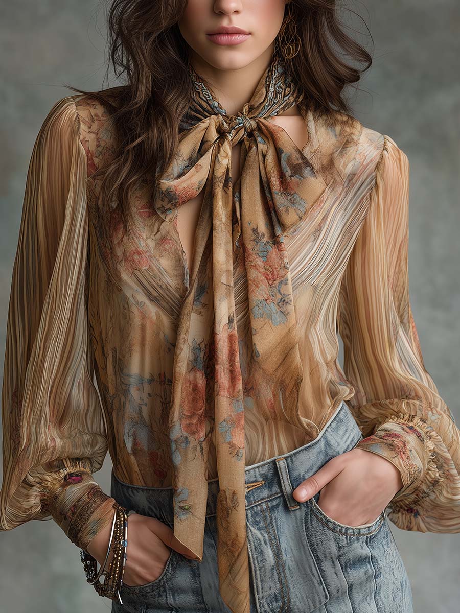 Vintage Floral Bow-Tie Blouse