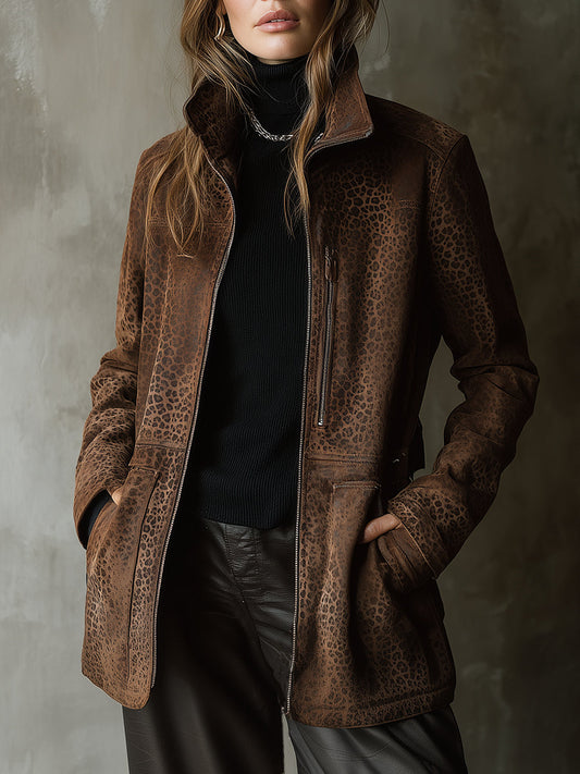 Vintage Distressed Suede Leopard Print Straight Jacket