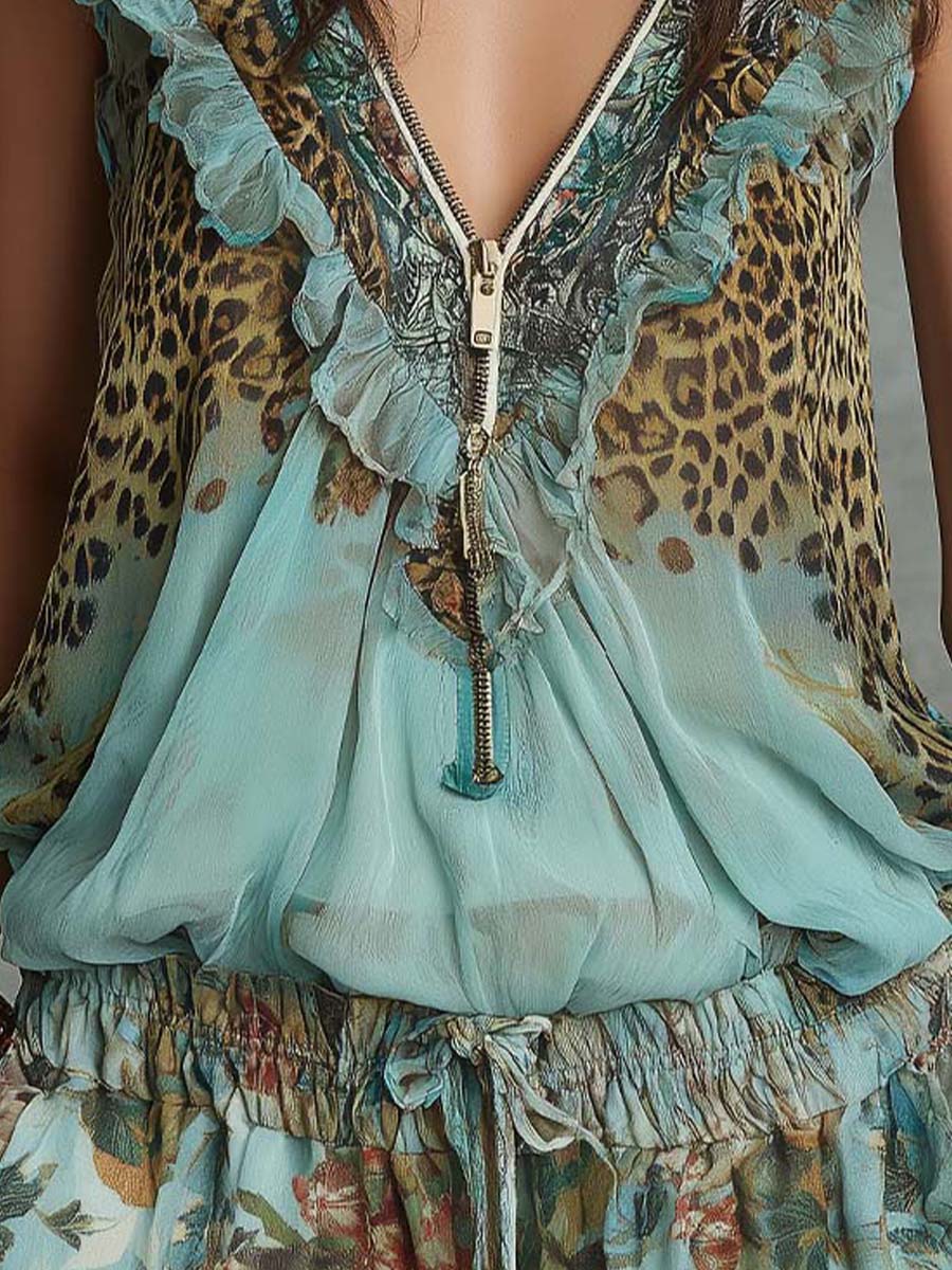 Boho Vintage Zip-Front Chiffon Top With Leopard & Floral Mix Print