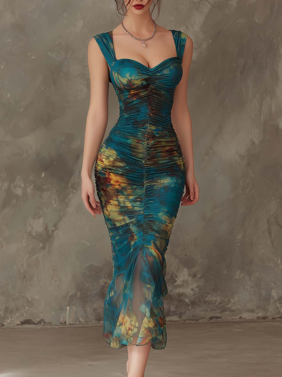 Retro Heart-shaped Neckline Oil Painting Style Print Midi Dress
