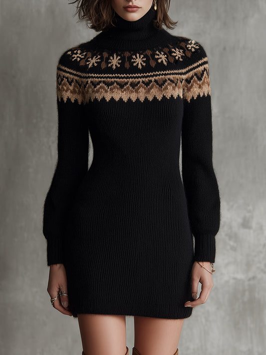 Festive Elegance Nordic-inspired Embroidery Knit Mini Dress