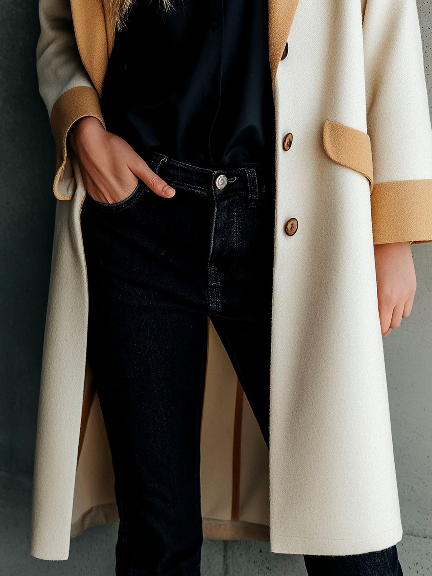 Chic Wool Blend Color Block Tailored Fit Long Overcoat