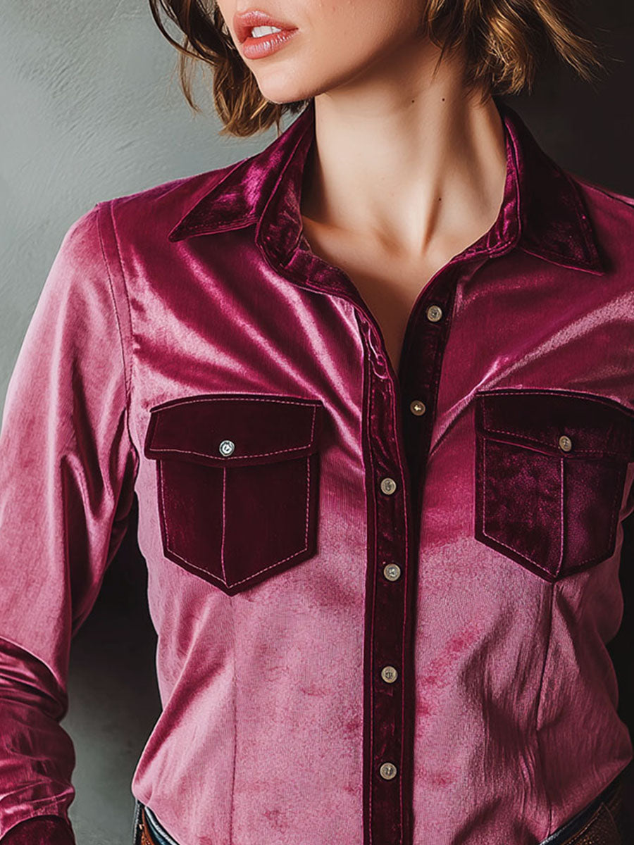 Vintage Rose Pink Velvet Western Long Sleeve Button-Down Shirt