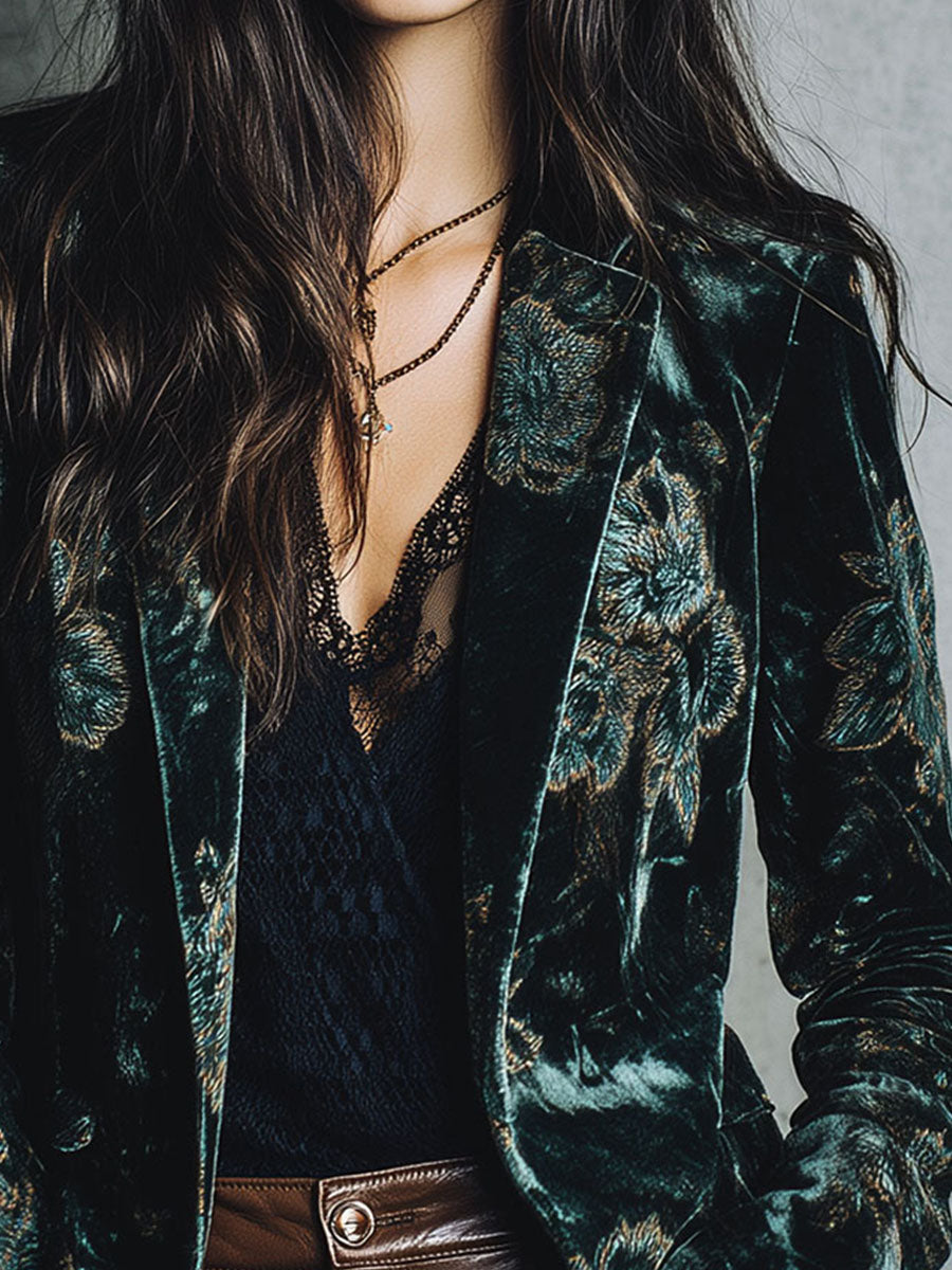Chic Luxury Green Floral Print Velvet Blazer