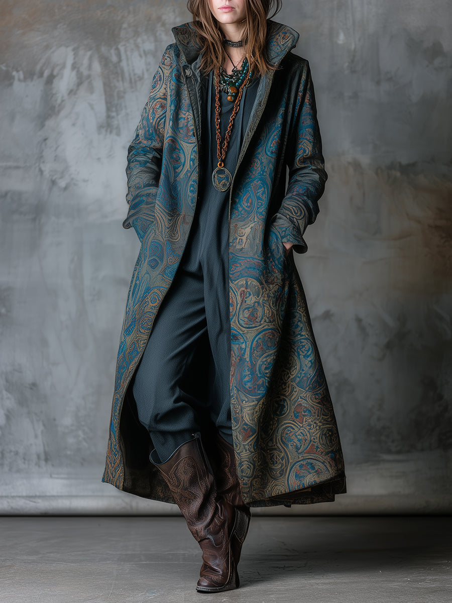 Retro Paisley Print Mid-length Stand Collar Coat
