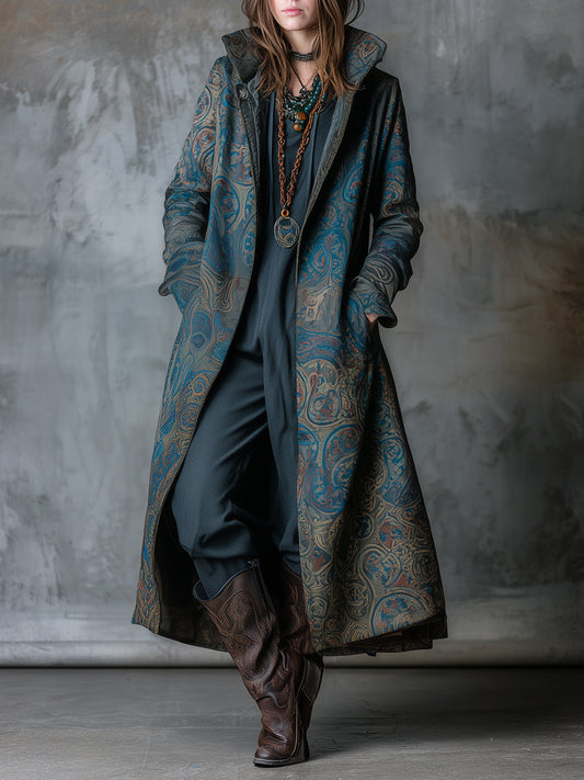 Retro Paisley Print Mid-length Stand Collar Coat