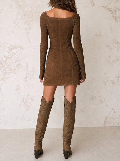 Brown Suede Zip Detail Mini Dress