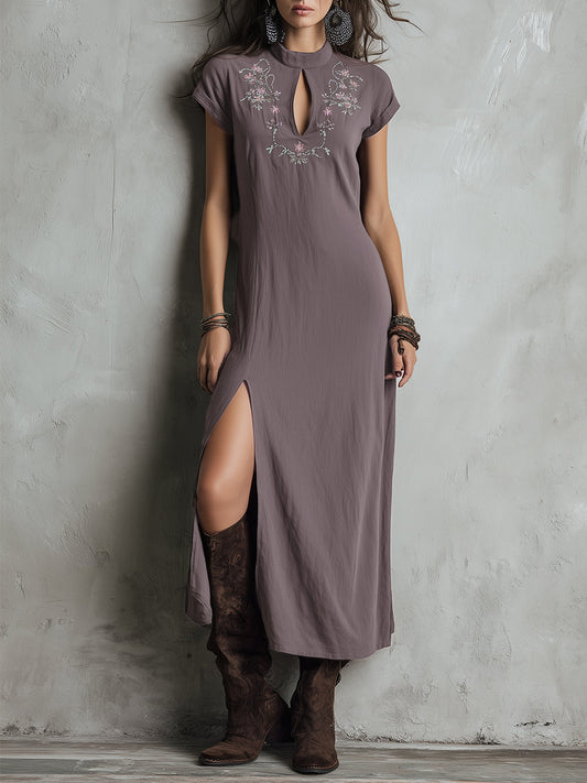 Vintage Cotton Keyhole Neckline Embroidered Maxi Dress