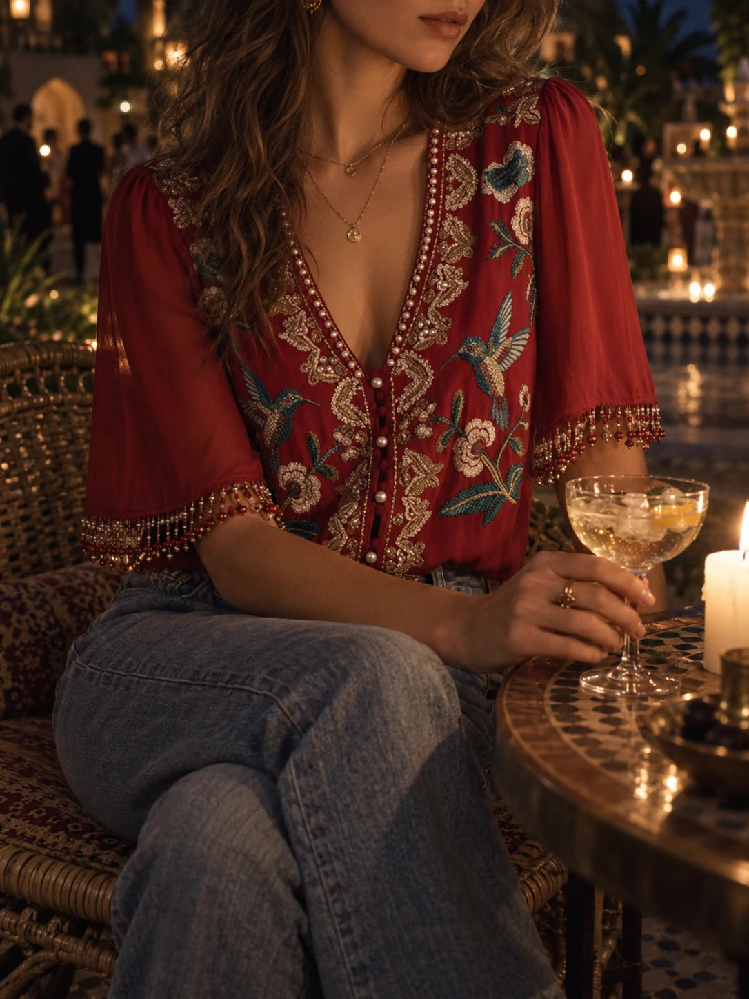 Elegant Embroidered V-Neck Blouse - Hummingbird & Floral Design