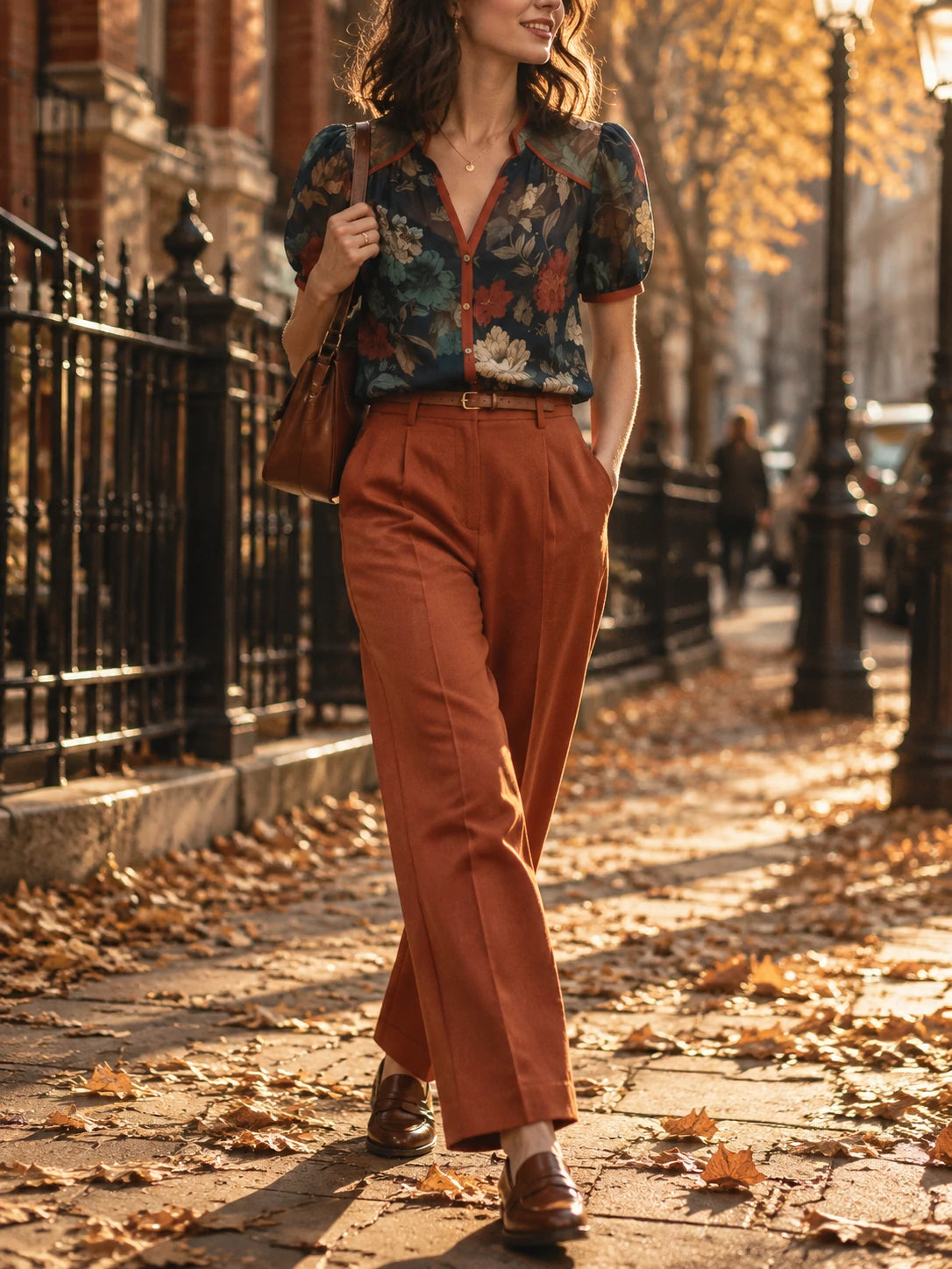 Dark Floral Sheer Blouse & Rust Wide-Leg Trousers Set