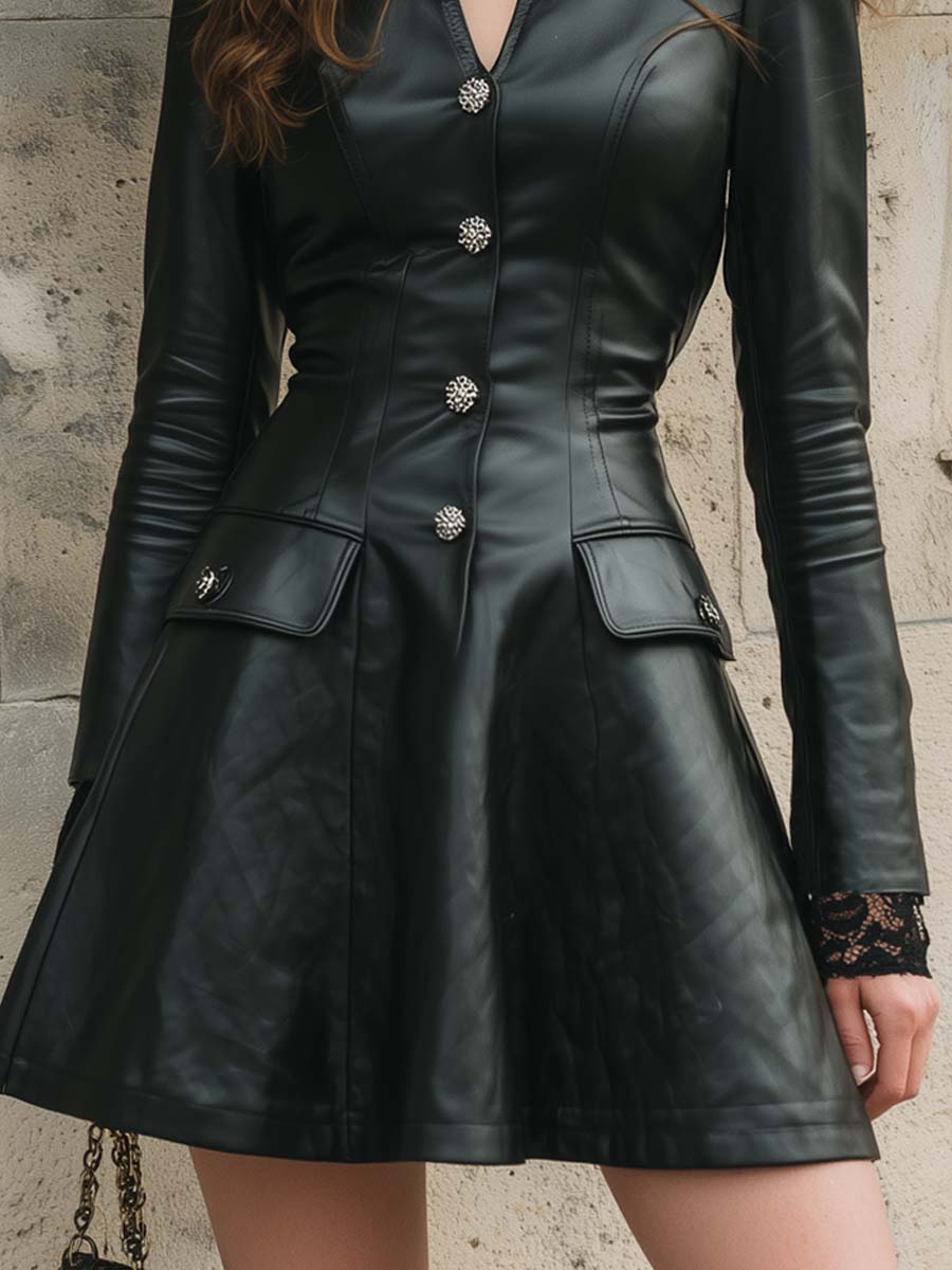 Retro Stand V Neck Eco-Friendly Leather Mini Dress