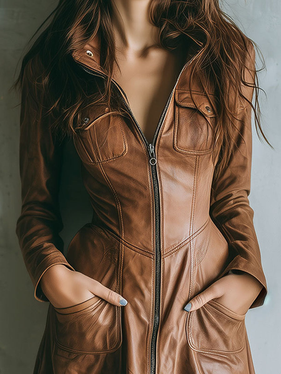 Chic Brown Leather Zip-Up Fitted Mini Dress Coat With Flared Hem