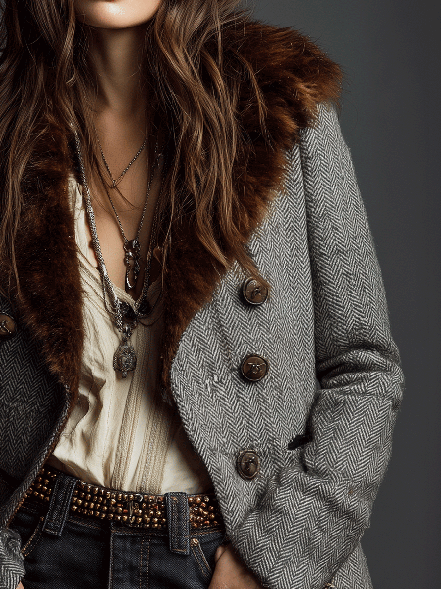Retro Tailored Tweed Contrast Fur Lapel Jacket