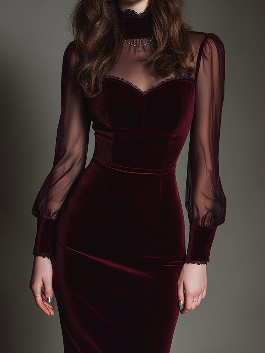 Elegant Mesh Polyester Velvet Stitching Sweetheart Neckline Slim Midi Dress