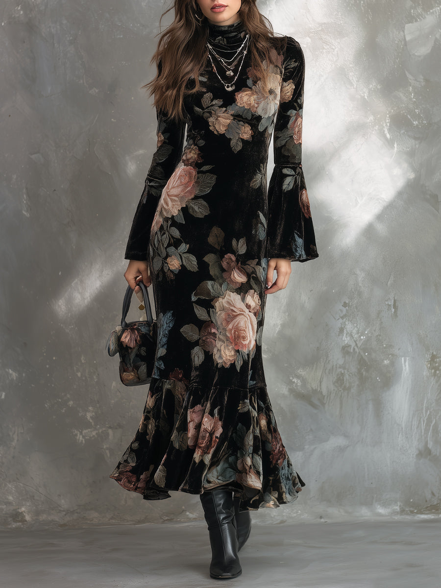 Elegant Rose Print Velvet Fishtail Midi Dress