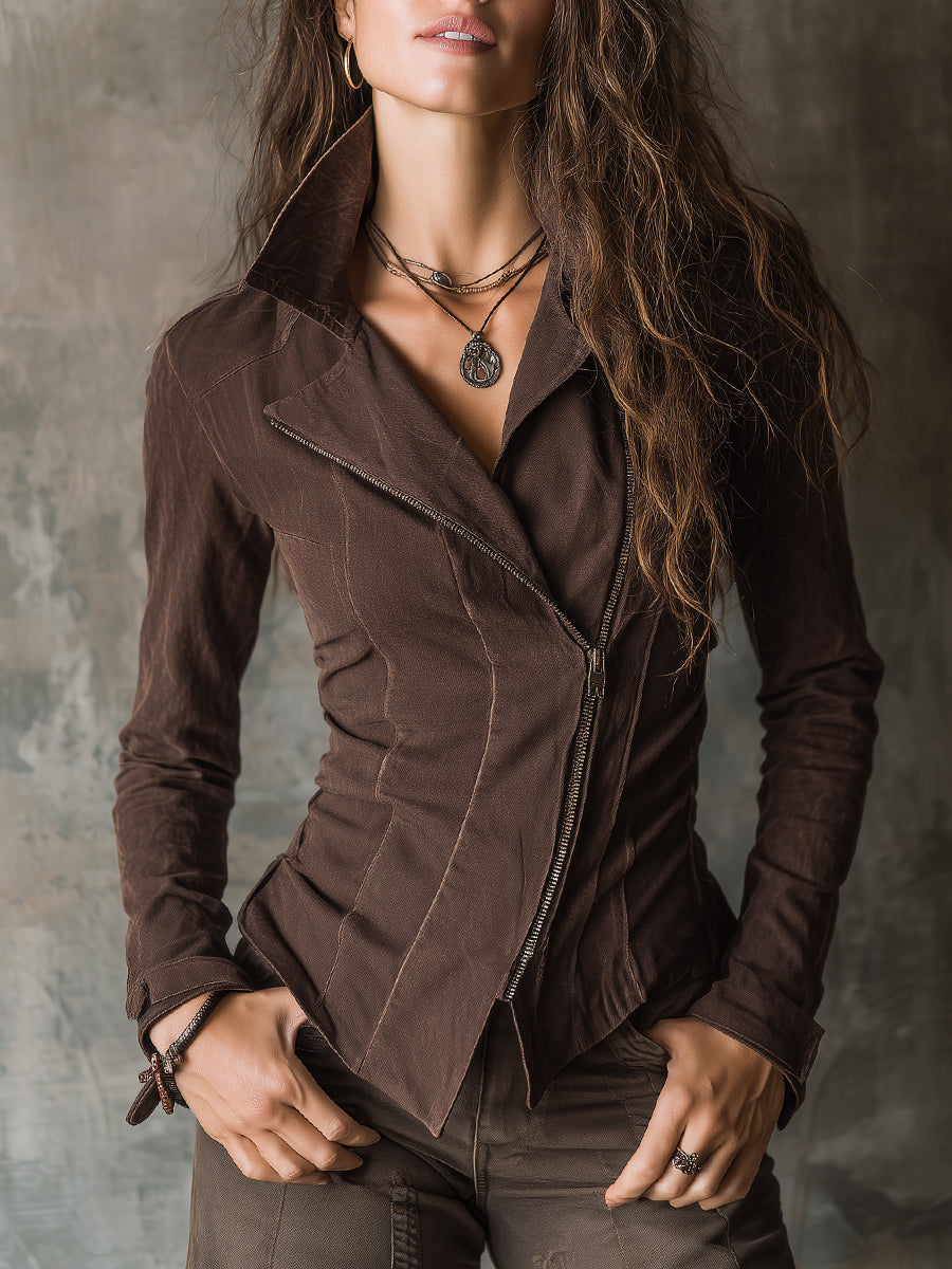 Bohemian Washed Denim Diagonal Placket Jacket