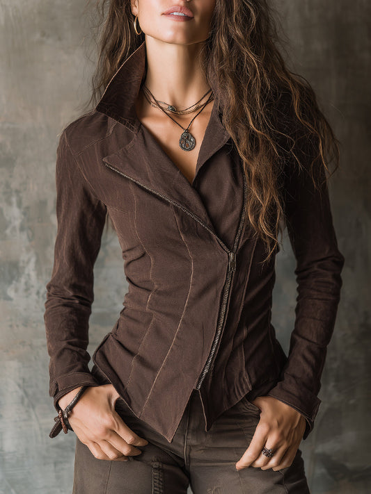 Bohemian Washed Denim Diagonal Placket Jacket