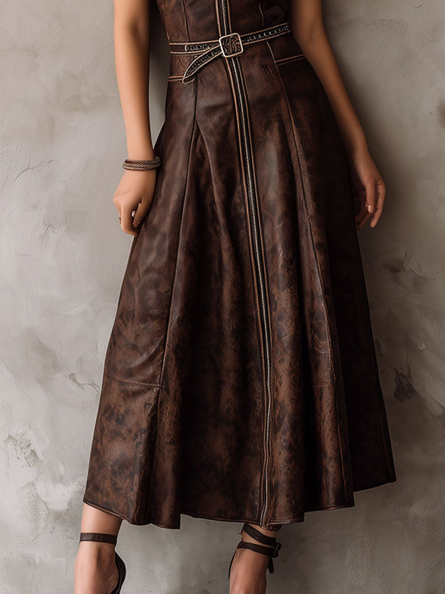 Vintage Brown Eco Leather Zipper Front Belted Midi Dress