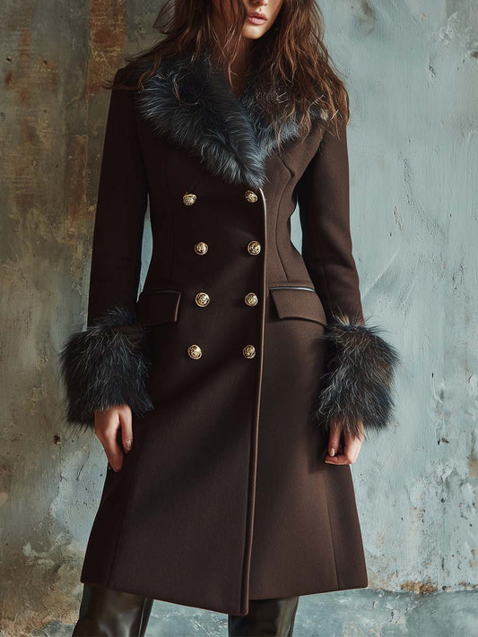 Espresso Brown Wool Blend Long Coat With Faux Fur Collar