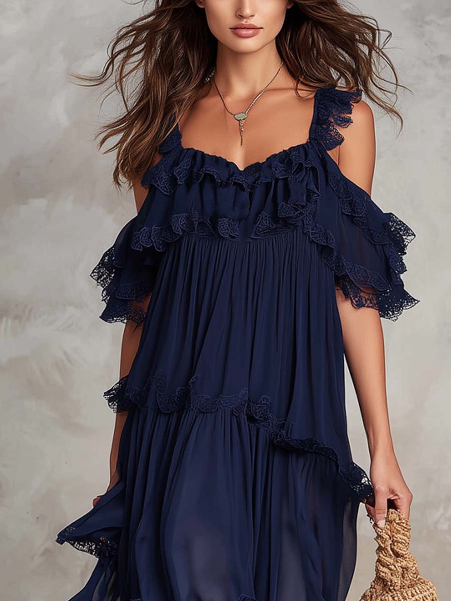 Vintage Chiffon Maxi Dress With Lace Trim