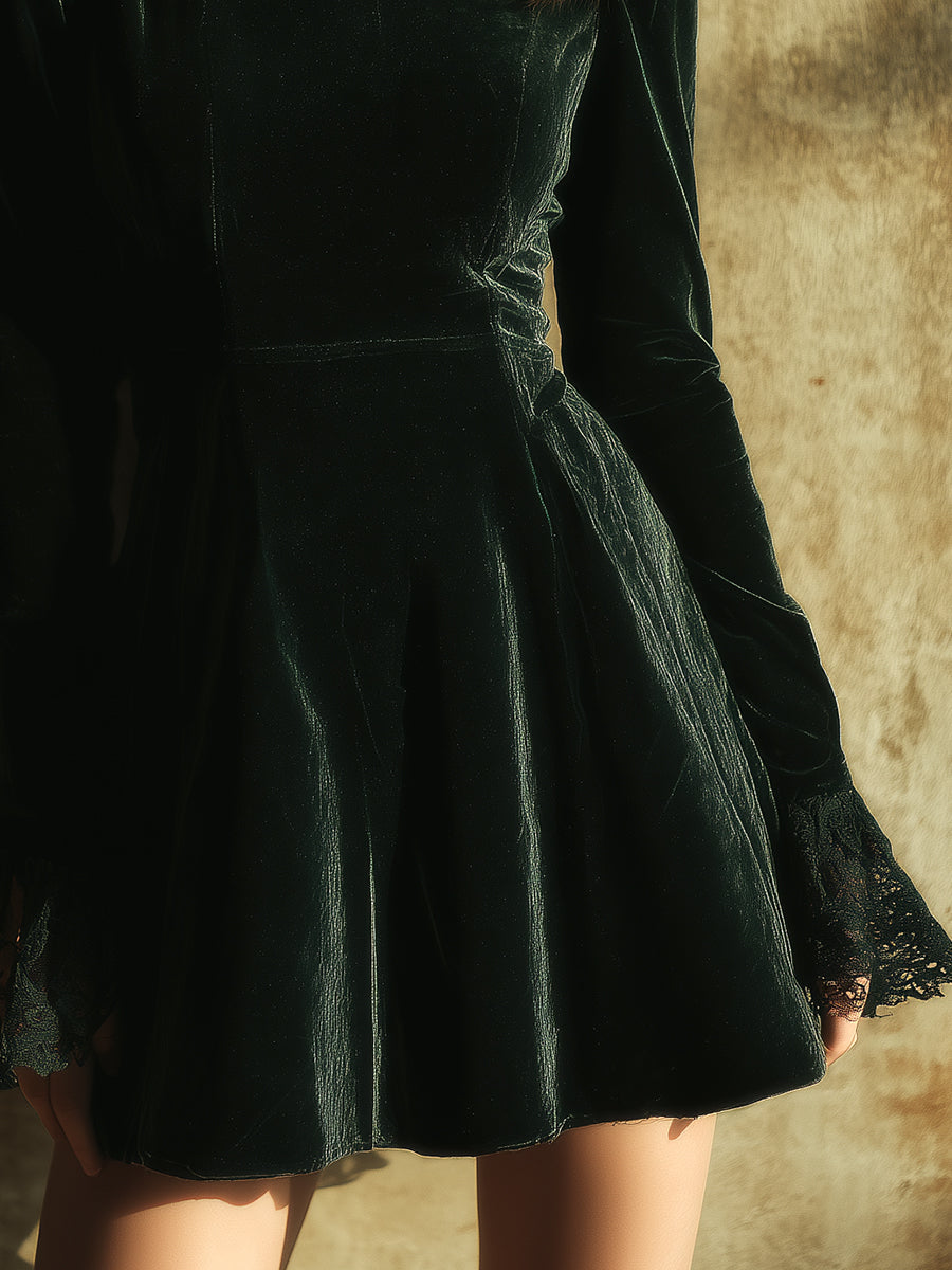 Quiet Luxury Velvet Half Turtleneck Lace Cuffs Mini Dress
