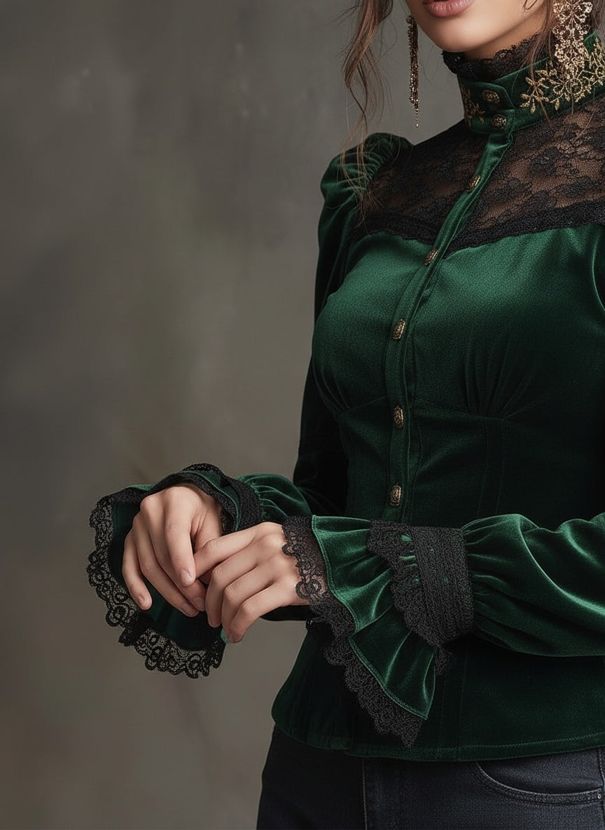 Emerald Velvet & Lace Victorian Blouse