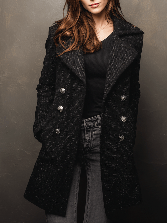 Classic Black  Double-Breasted Buttons Longline Coat