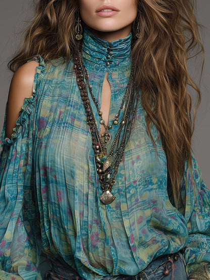 Bohemian Chiffon Off-the-shoulder Blouse With Keyhole Neckline