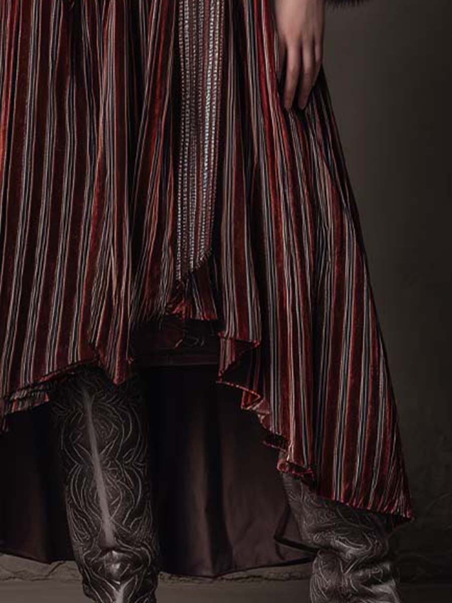 Vintage Striped Velvet Coat With Faux Fur Trim