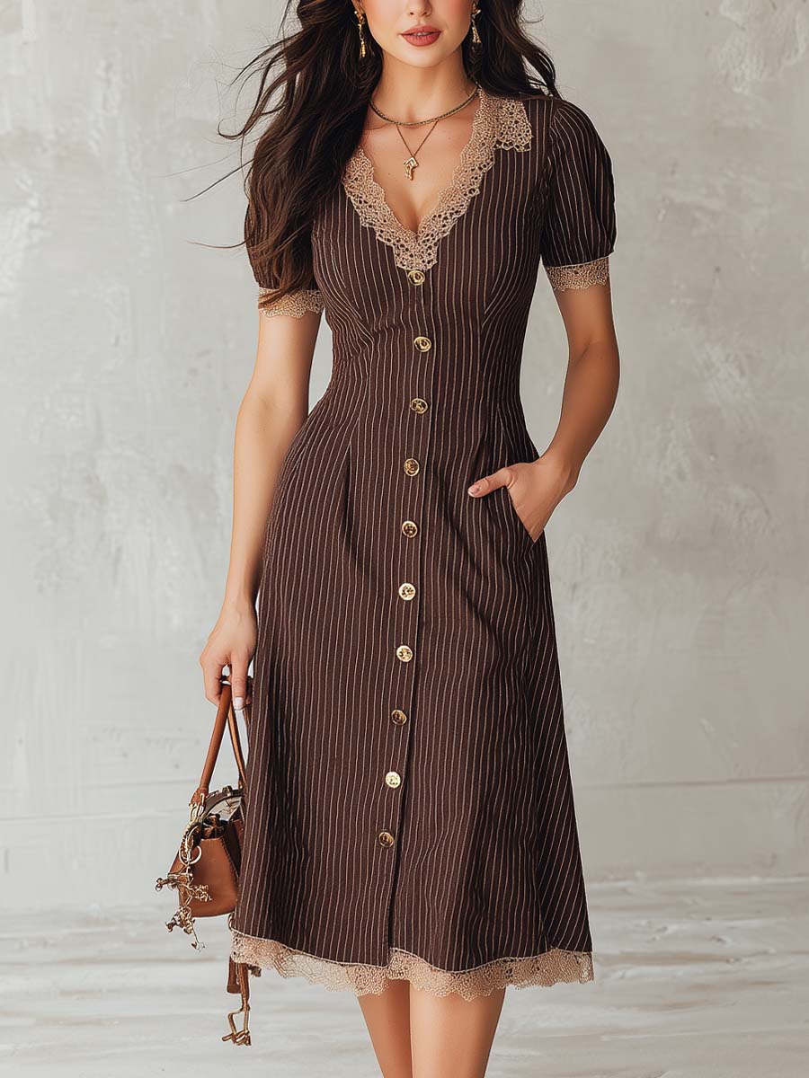 Vintage-style Striped Lace Trim Midi Dress