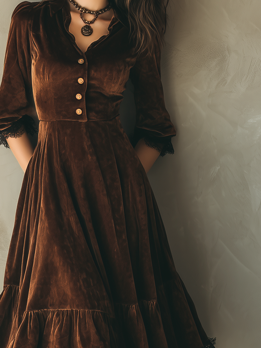 Vintage Metal Button Lace Trim Velvet Midi Dress