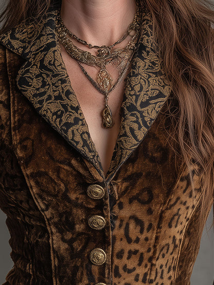 Vintage Leopard Print Gold Velvet Patchwork Vest