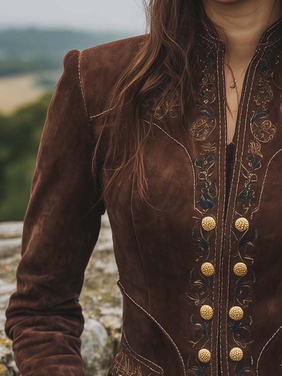 Baroque Gold Embroidered Micro Suede Slim-fit Jacket