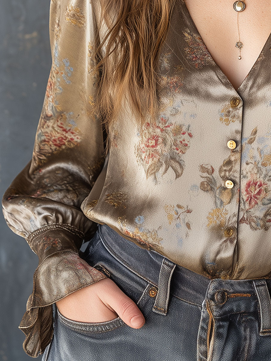 Vintage Satin Floral Print Lantern Sleeves Blouse