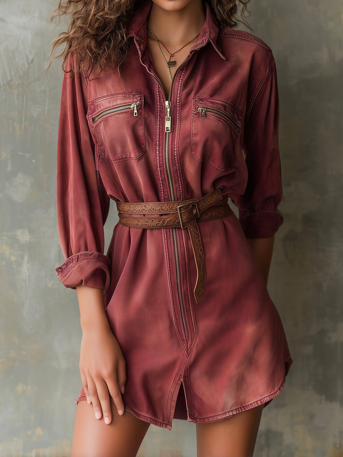 Vintage Burgundy Washed Denim Shirt Dress