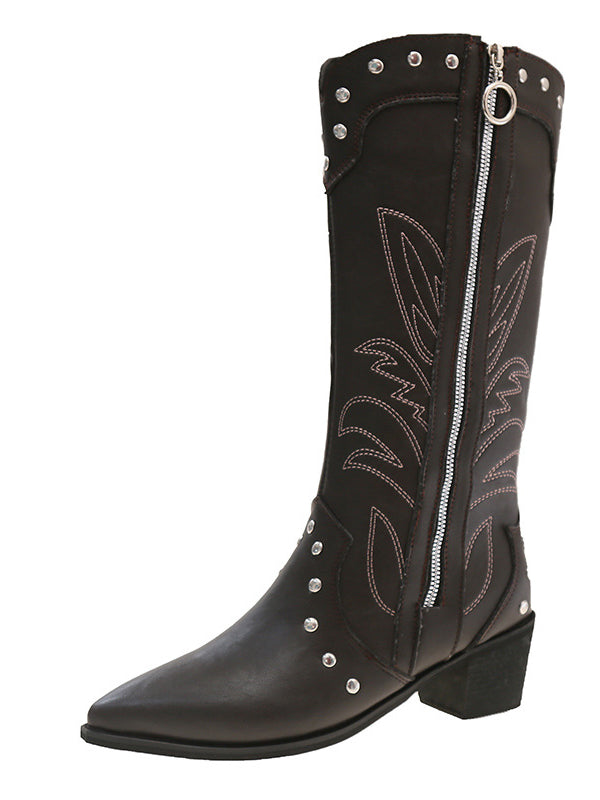 Retro Pointed Toe Thick Heel Western Cowboy Boots Side Zipper Rivet Embroidery V-neck High-top Knight Boots
