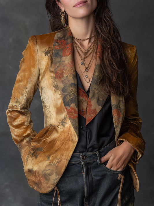 Vintage Suede Oil Painting Flower Print Lapel Blazer