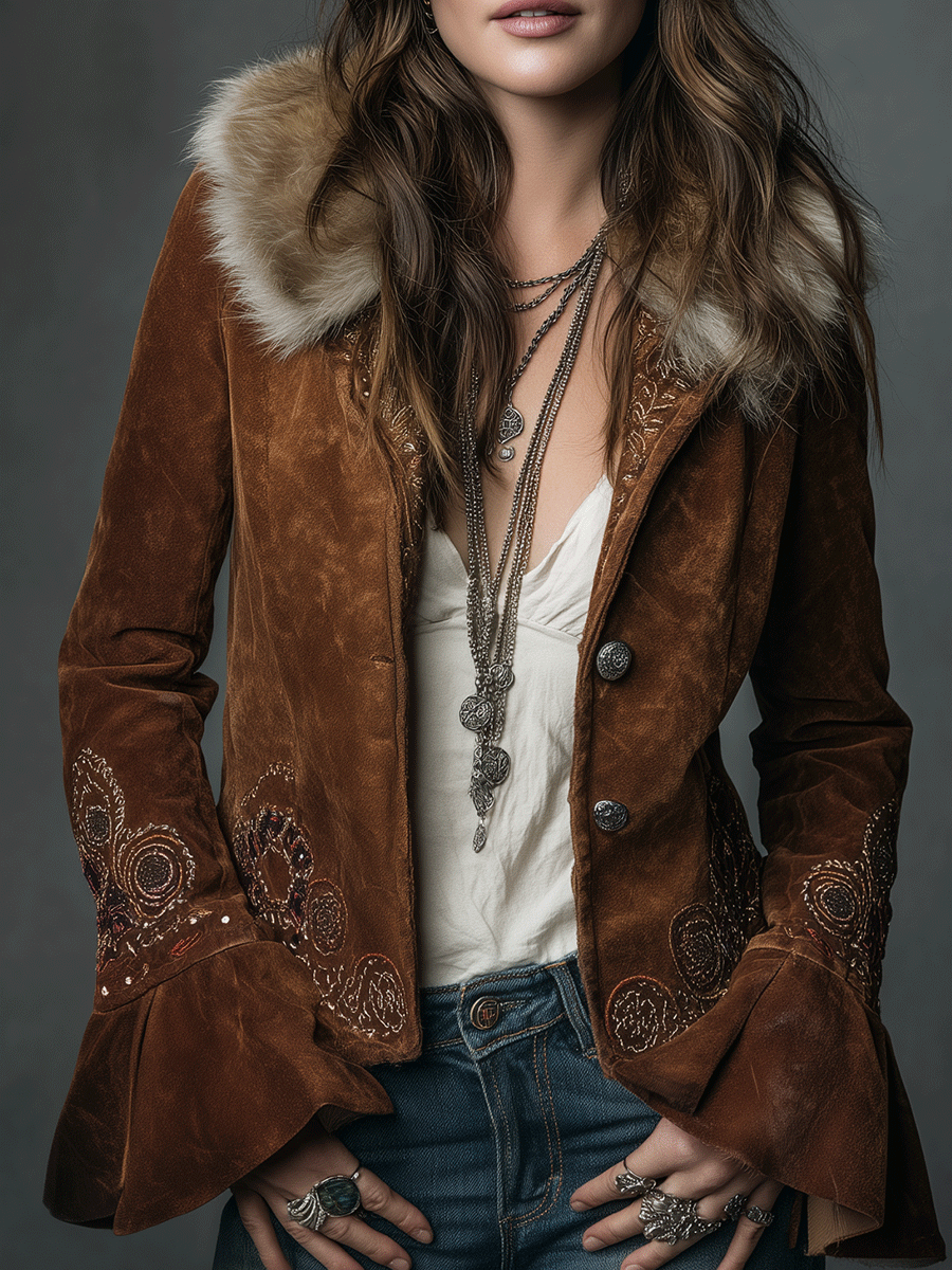 Vintage Brown Boho  Embroidery Faux Suede Flared Sleeves Jacket