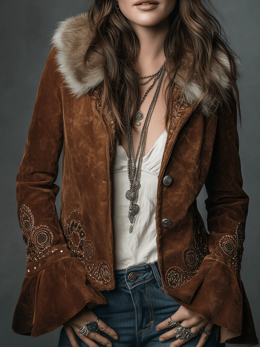 Vintage Brown Boho  Embroidery Faux Suede Flared Sleeves Jacket