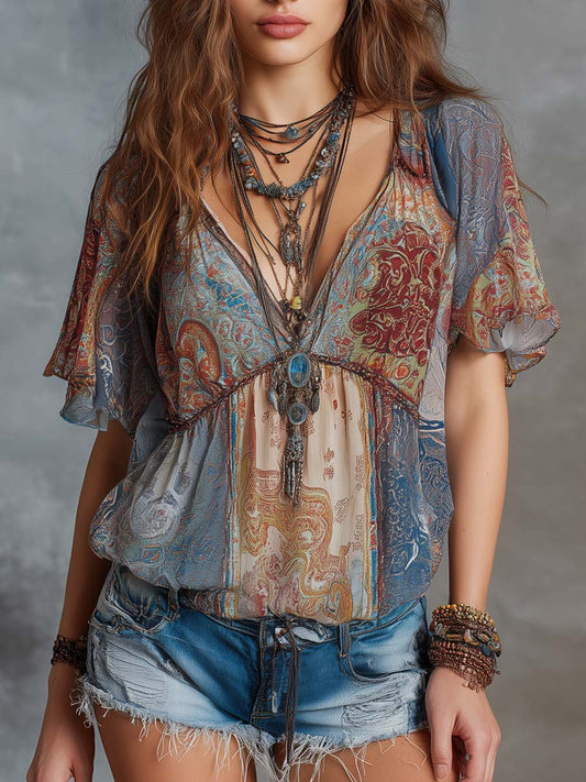 Retro Paisley Patchwork Print Chiffon Blouse
