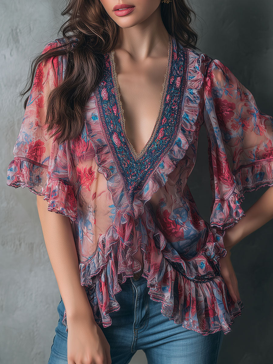 Boho Romantic V-Neck Sheer Floral Print Ruffle Blouse