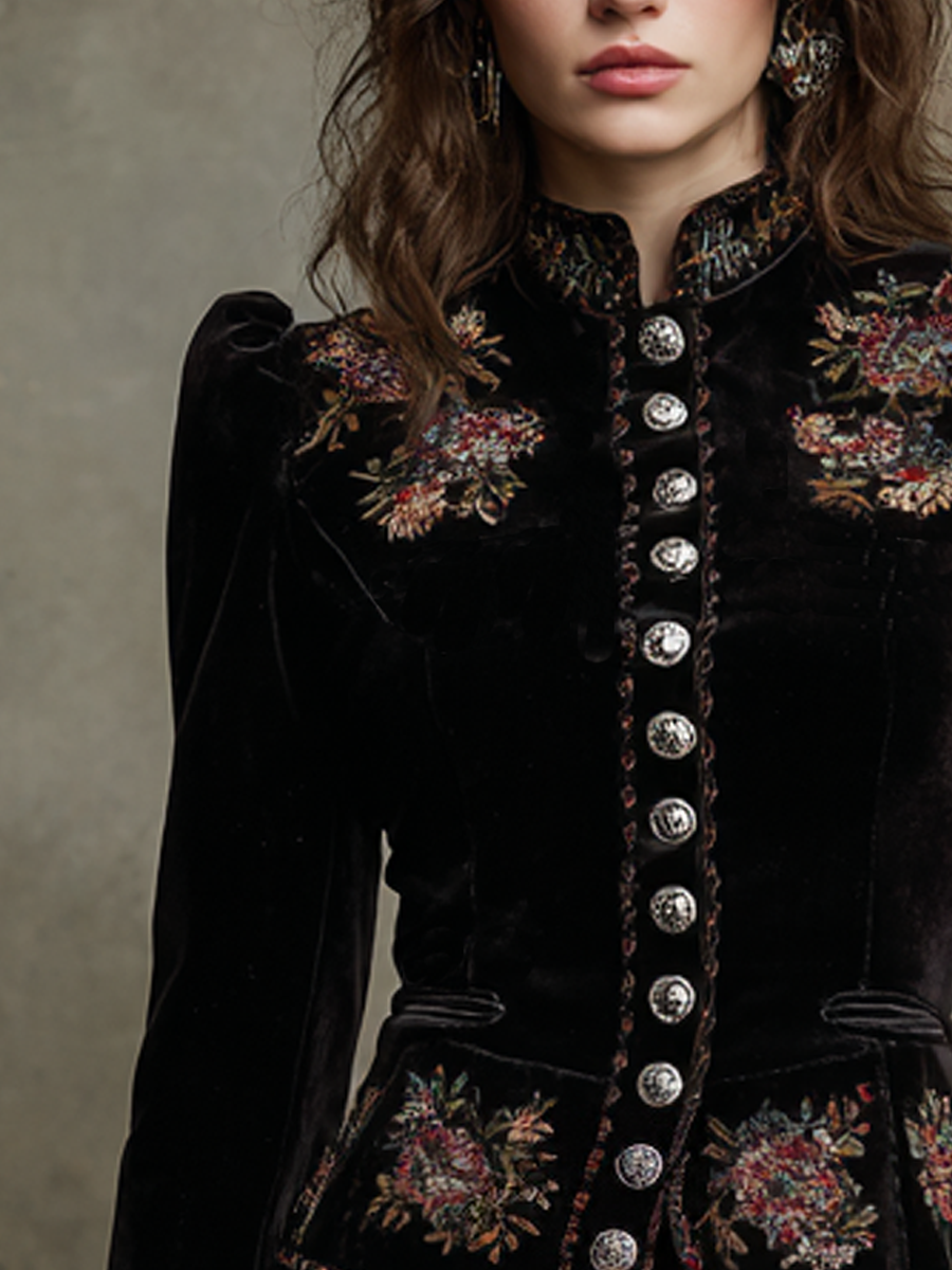 Vintage Embroidered Polyester Velvet Slim Jacket