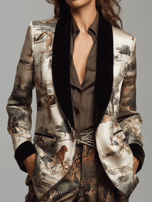 Retro Baroque Print Satin Velvet Lapel Blazer