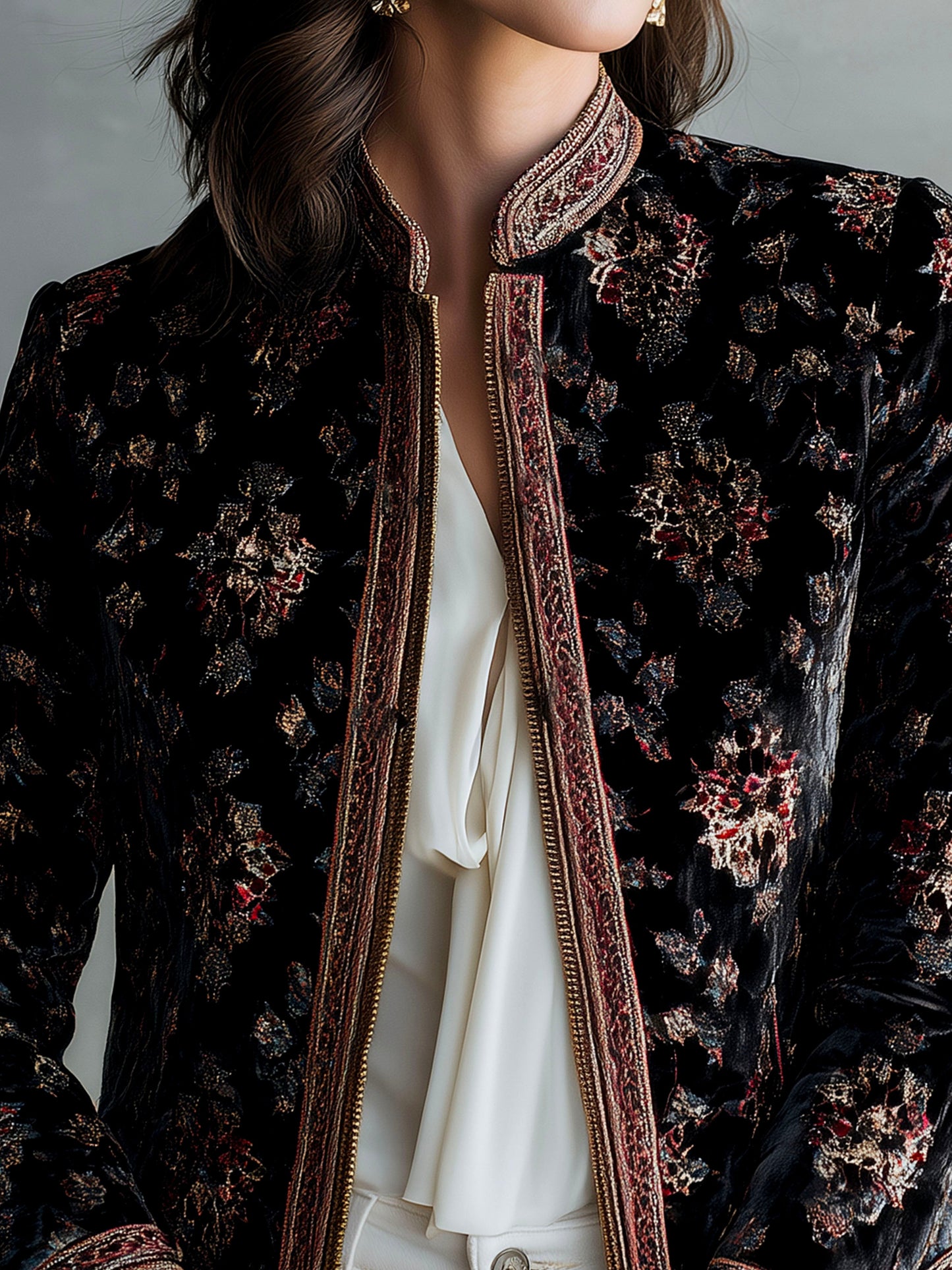 Elegant Black Print Zipper Velvet Jacket With Ribbon Accents