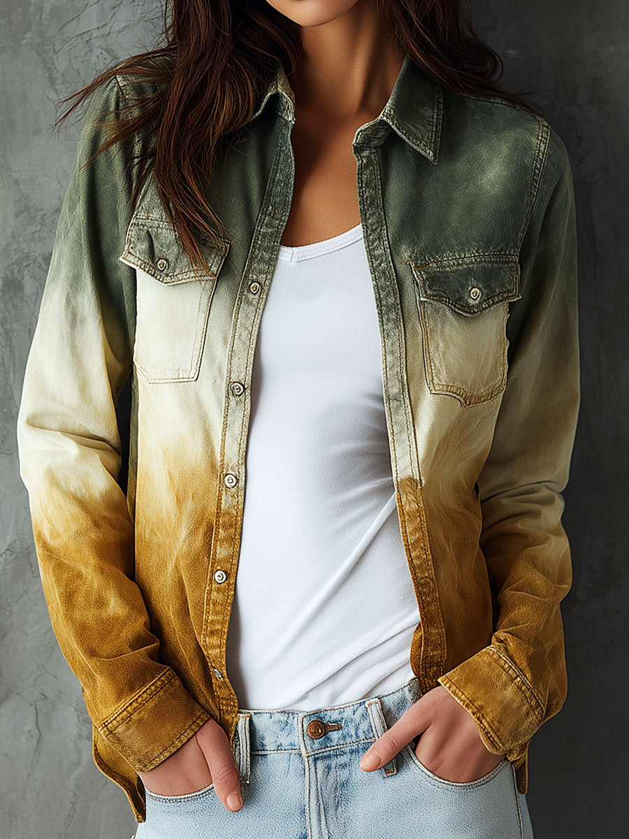 Retro Ombre Gradient Denim-Style Shirt Jacket