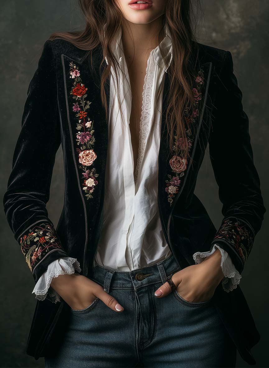 Vintage Floral Embroidered Velvet Blazer – Quiet Bohemian Luxury