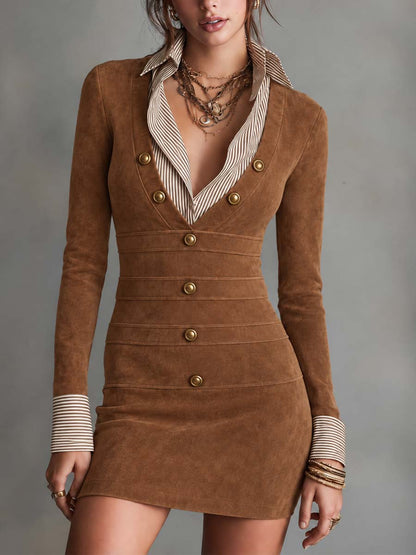 Brown Suede-Look Long Sleeve Bodycon Mini Dress with Striped Shirt Collar & Cuffs