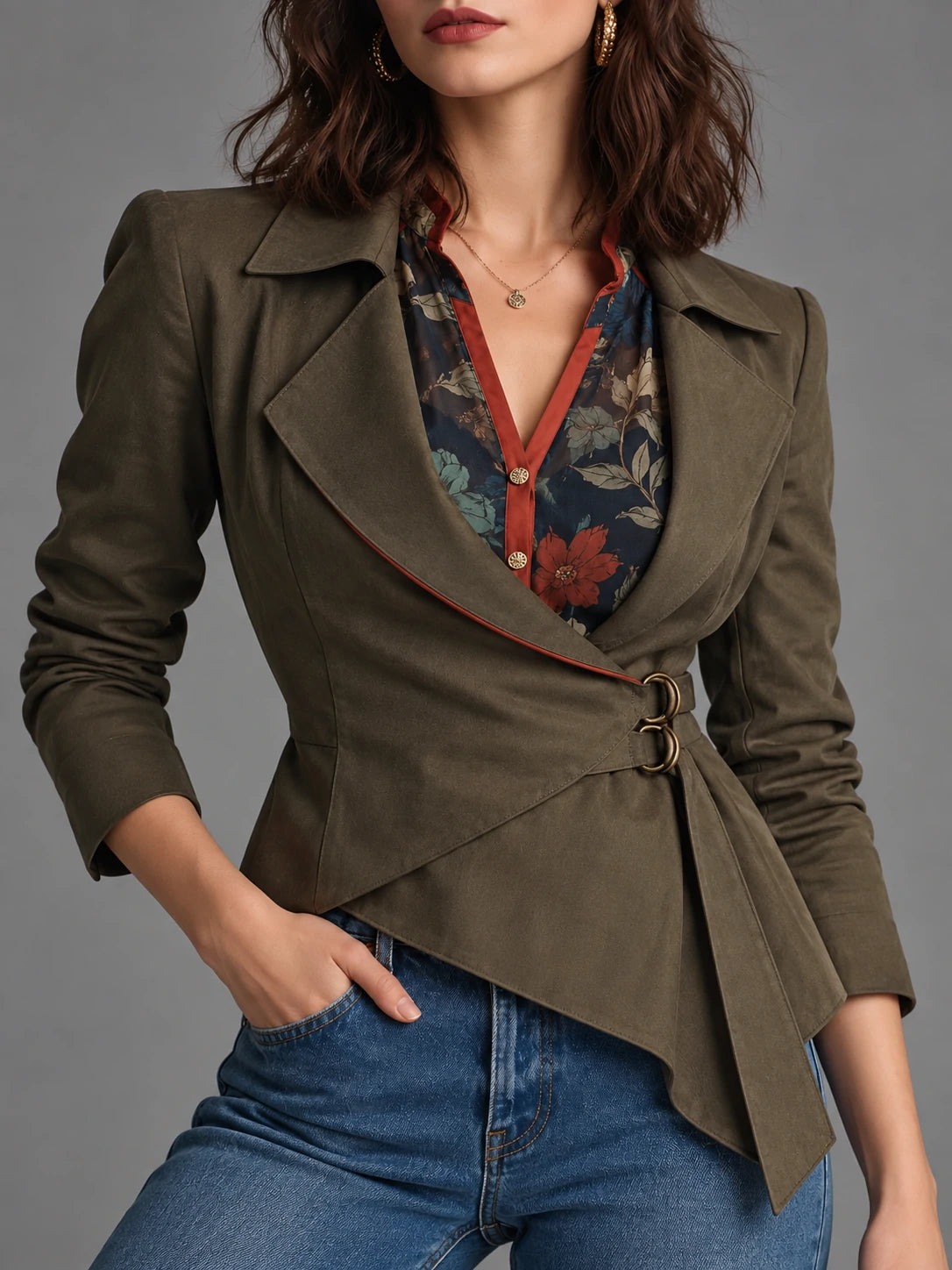 Ring-Detail Asymmetric Wrap Blazer
