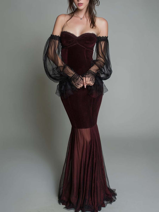 Retro Off-the-shoulder Polyester Velvet Sheer Sleeves Gown Maxi Dress